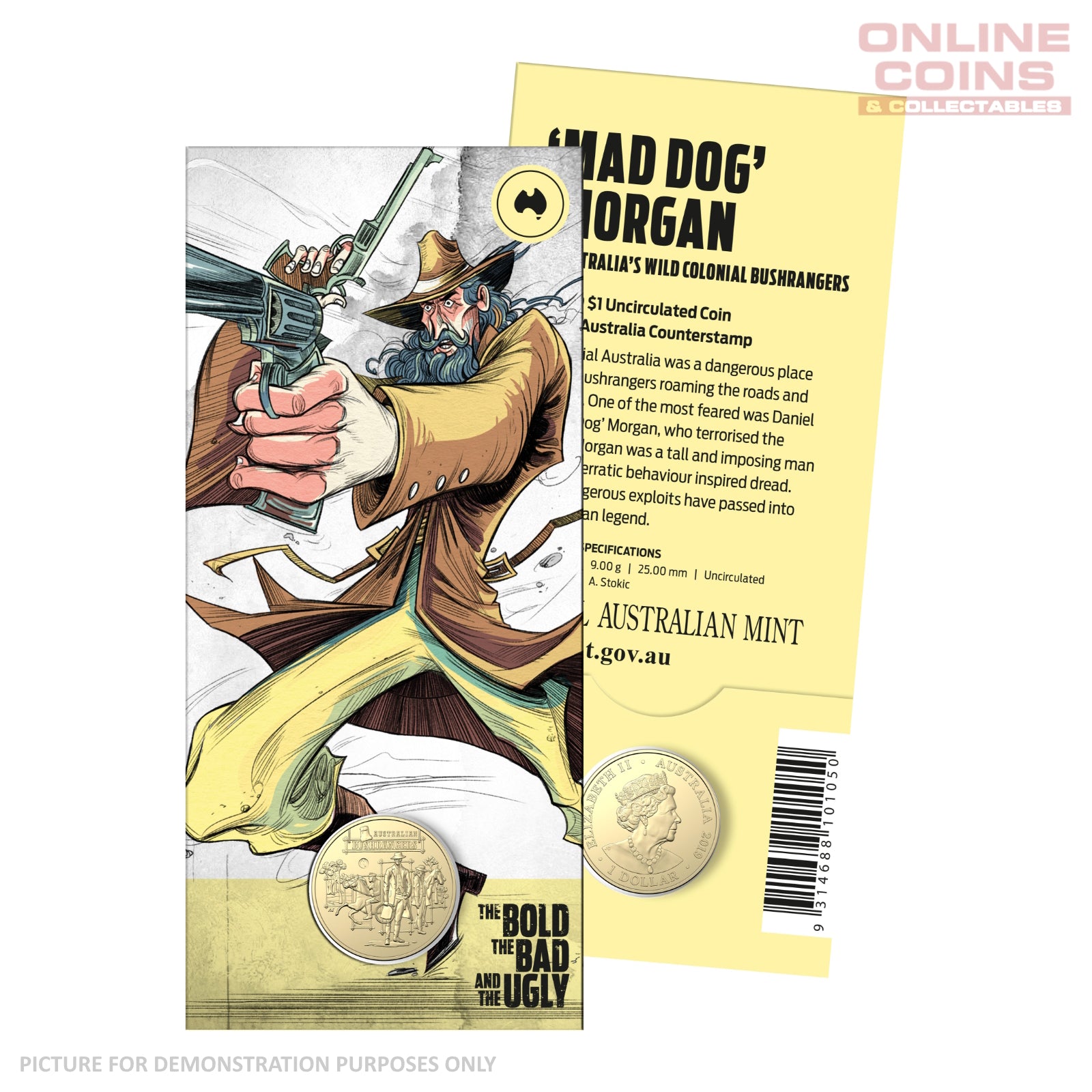 2019 $1 AlBr Australia Map Counterstamp Uncirculated Carded Coin - 'Mad Dog' Morgan